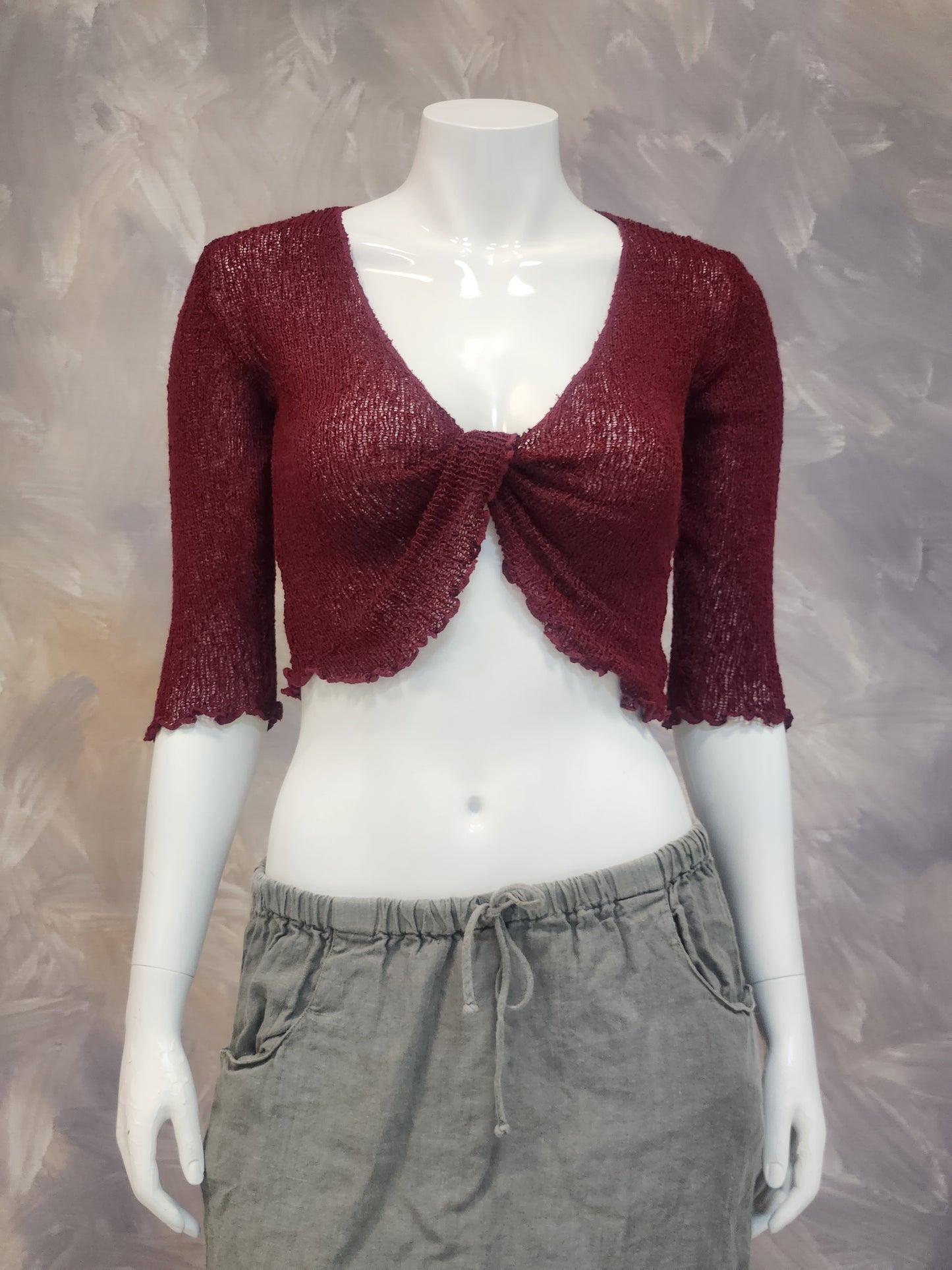 Twist Front Rayon Knit Crop Sweater with Half Sleeves