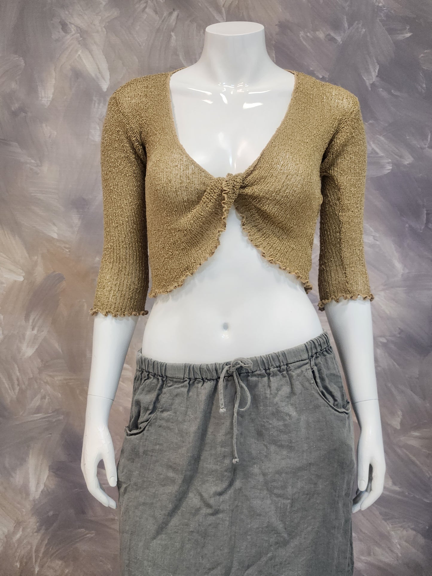 Twist Front Rayon Knit Crop Sweater with Half Sleeves