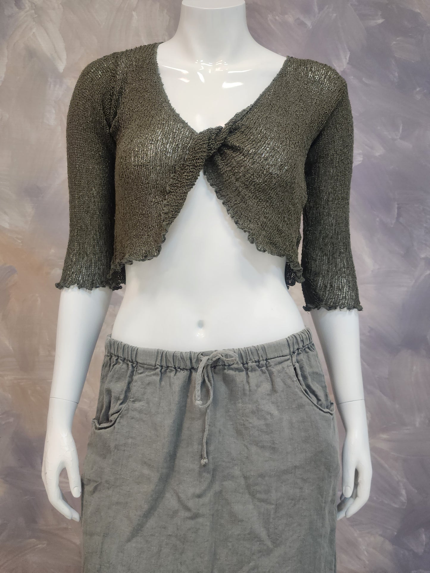 Twist Front Rayon Knit Crop Sweater with Half Sleeves