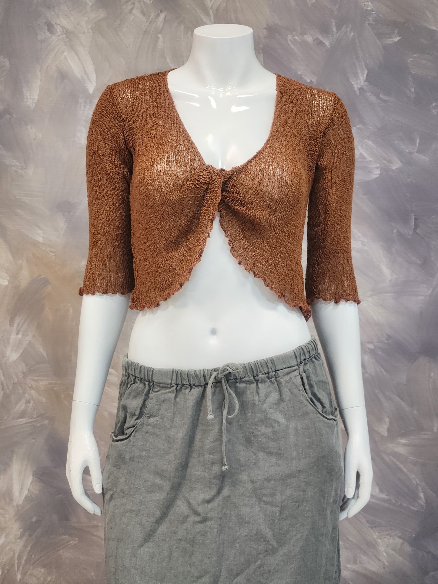 Twist Front Rayon Knit Crop Sweater with Half Sleeves