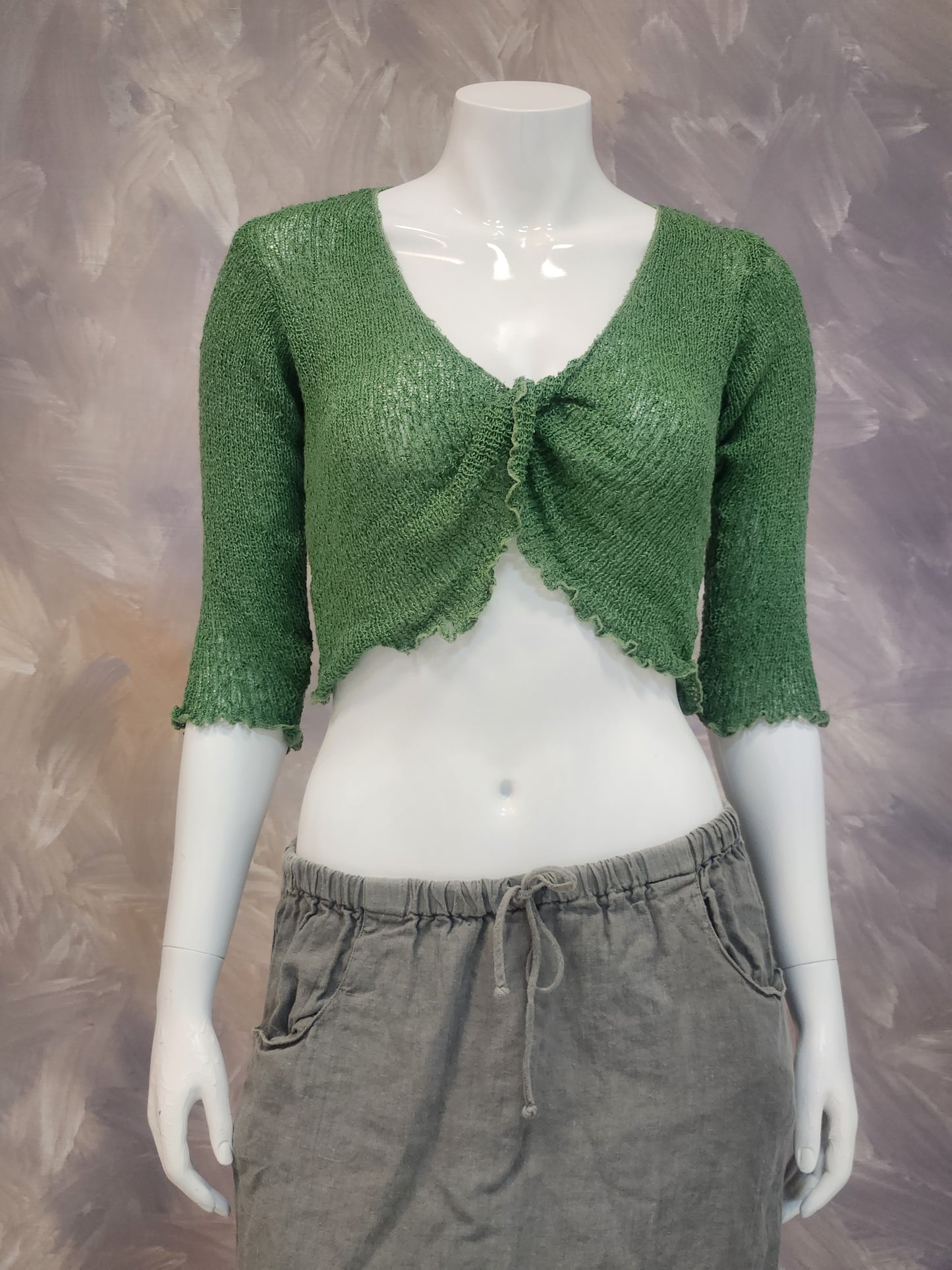 Twist Front Rayon Knit Crop Sweater with Half Sleeves